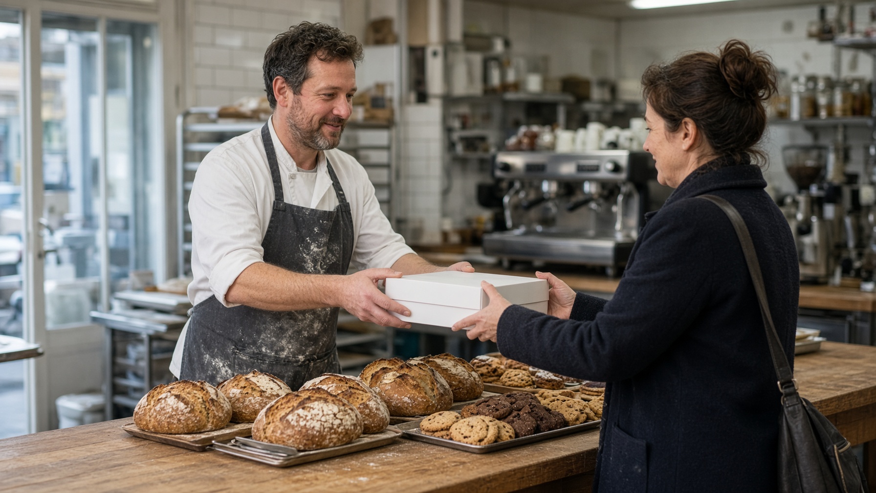 Baker handing a pastry box to a customer at the counter during morning service.