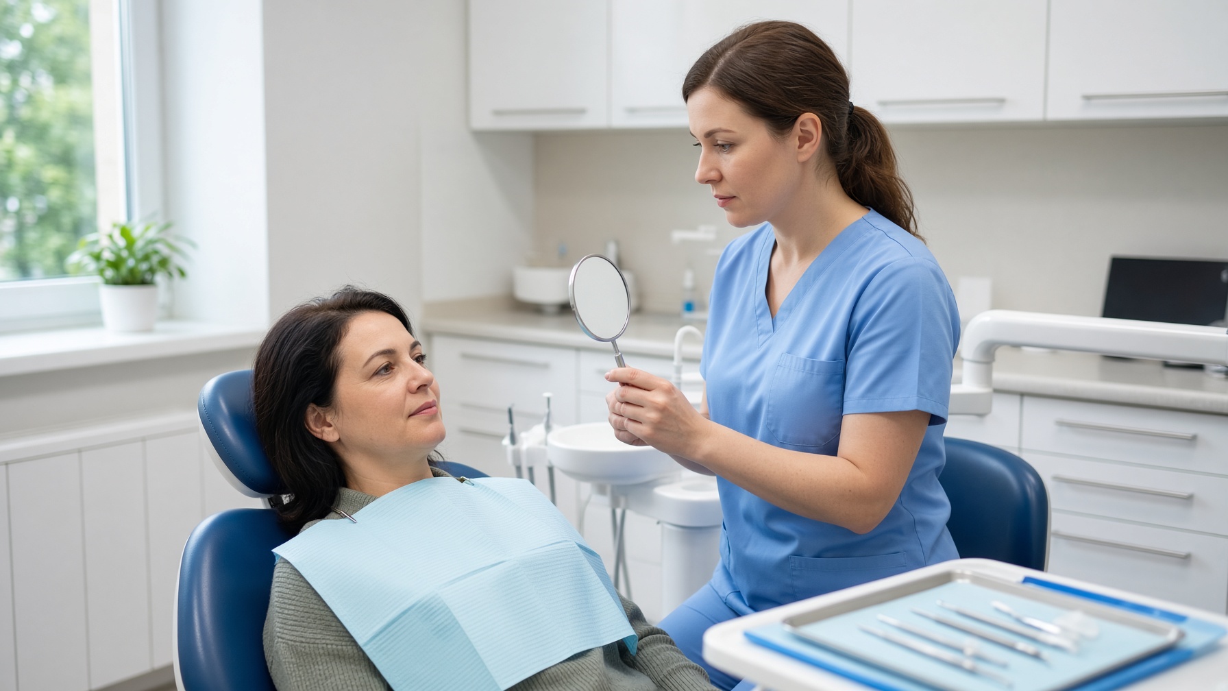 Dentist finishing an exam with a reclined patient in a bright operatory.