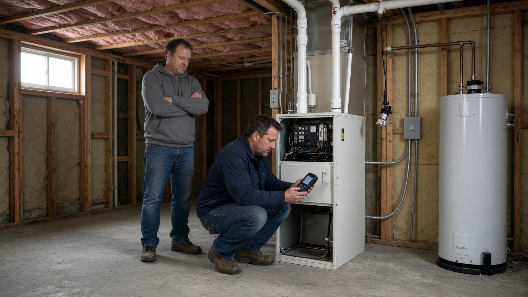 HVAC technician finishing a furnace repair in an unfinished basement while the homeowner looks on.