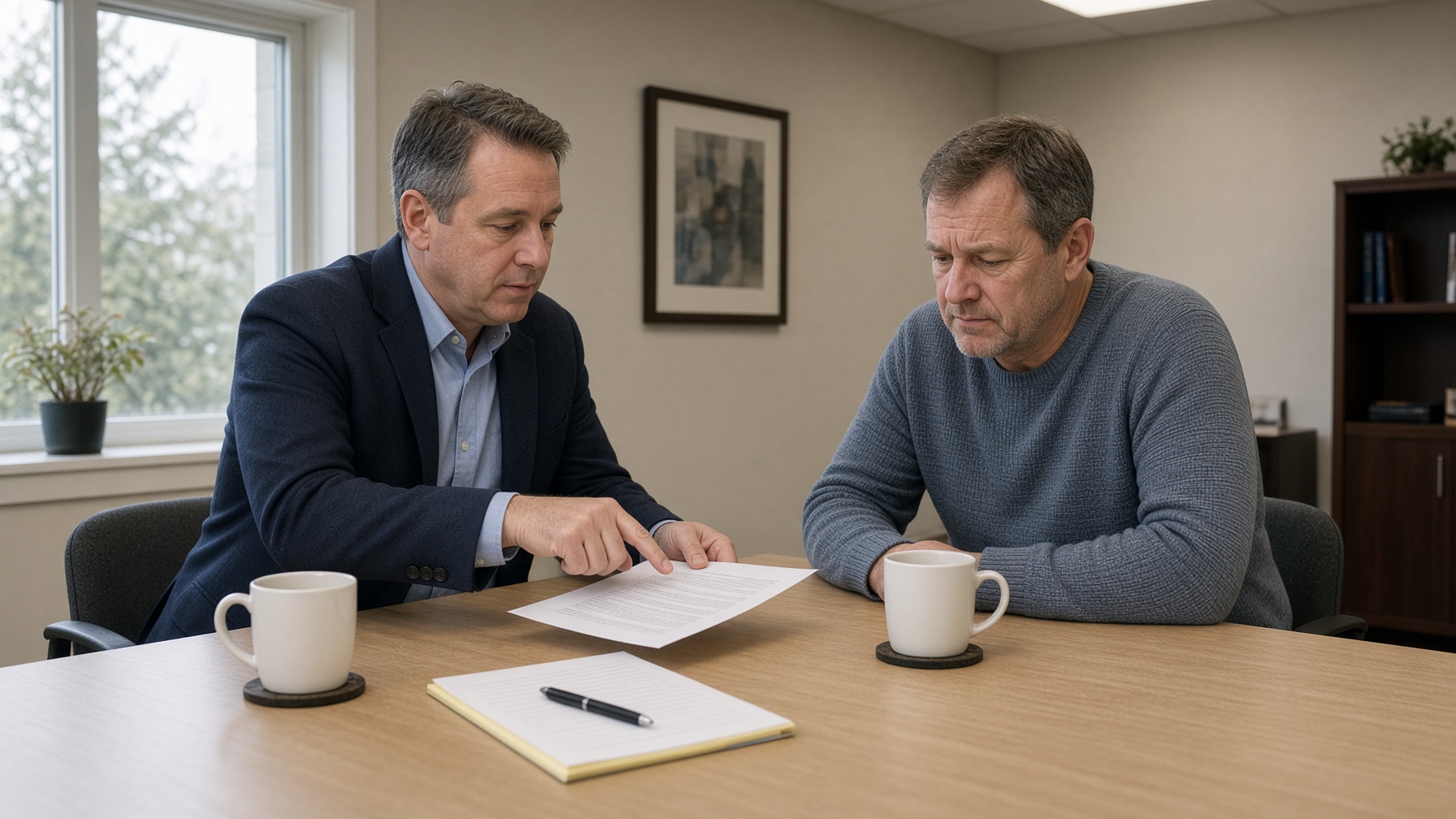 Attorney pointing through a document with a client at a daytime conference table.