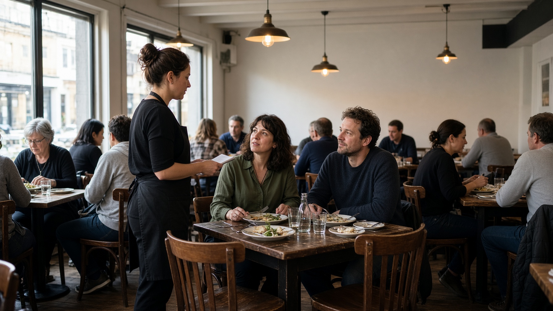 Server taking an order at a seated lunch table in a busy dining room.