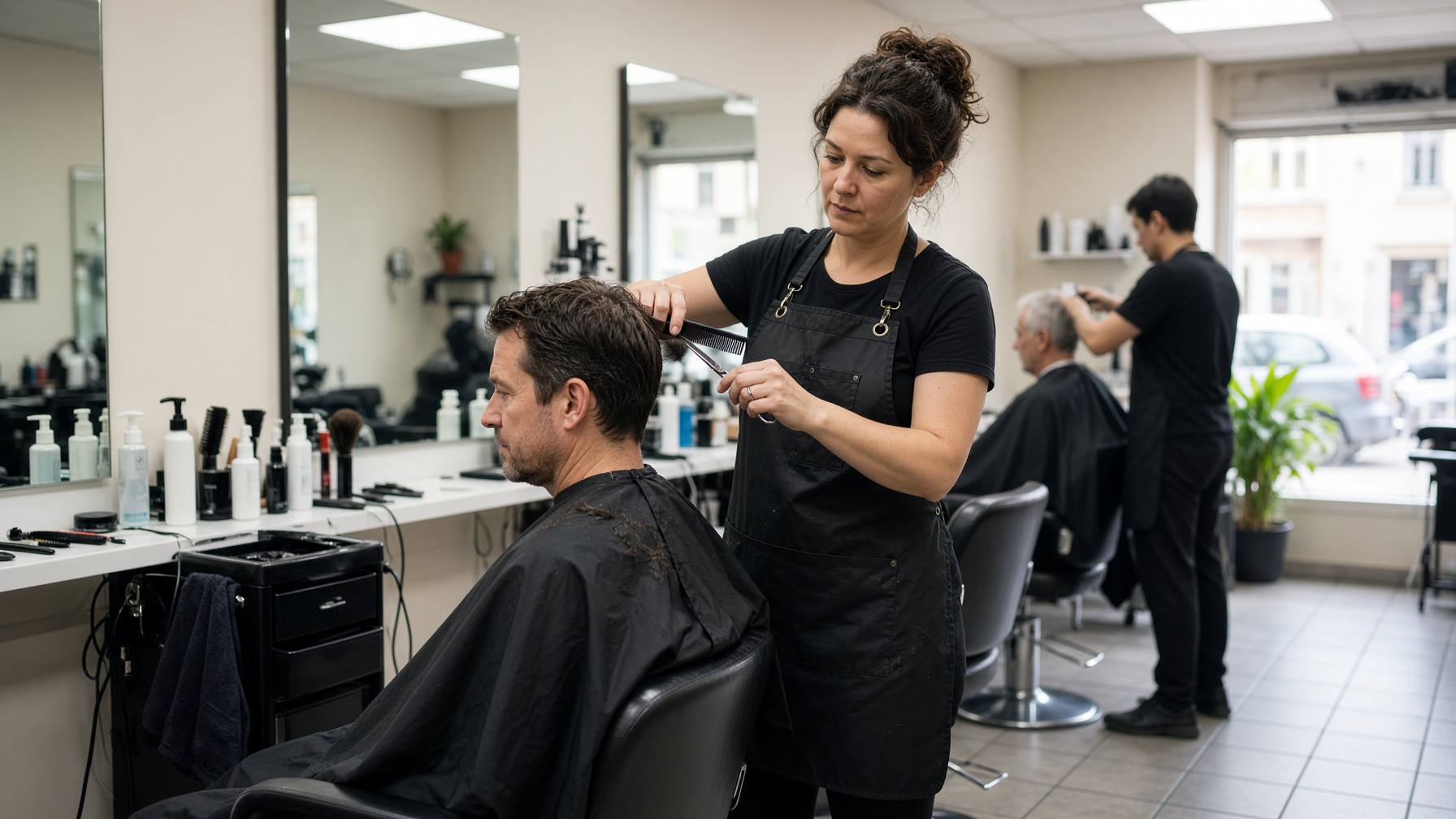 Barber cutting a seated client's hair in a midday shop.
